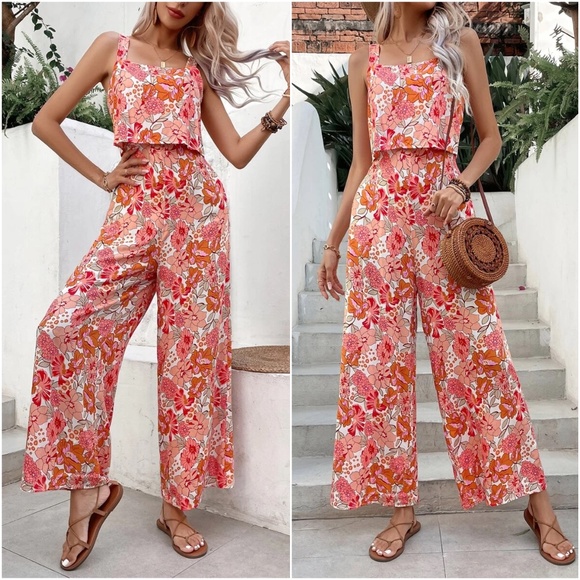 Boho Floral Print Wide Leg Jumper Jumpsuit - Picture 3 of 6